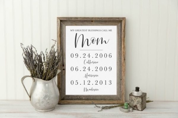 Special personalized sign for mom with birthdates of kids. Best thoughtful products and gifts for busy moms