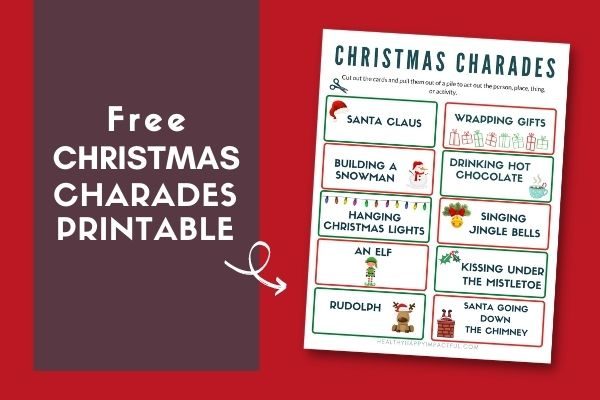 free Christmas charades printable list for party games, middle school, or family gathering