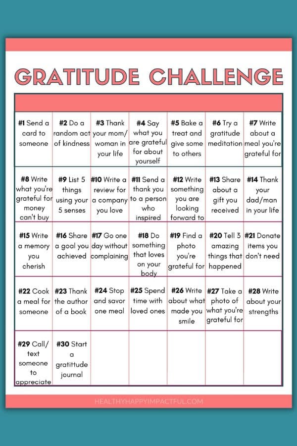 30 days of being grateful challenge for gratitude calendar printable at work or for students