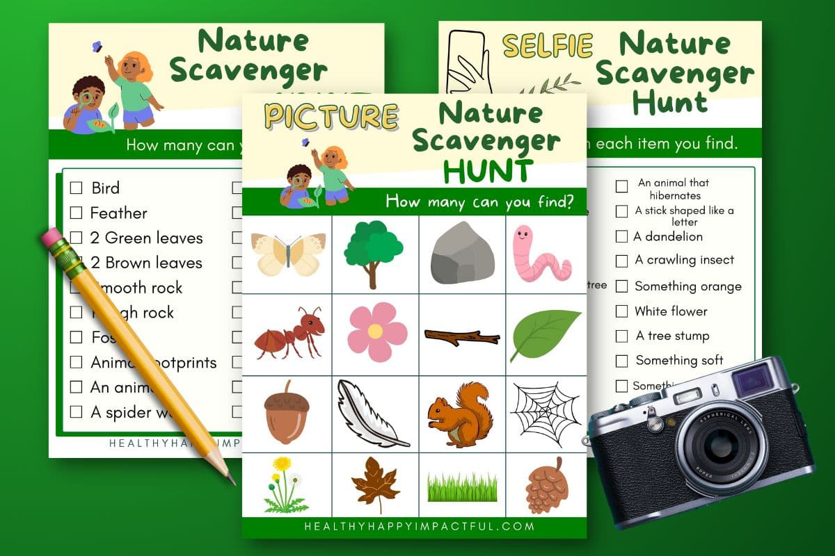 featured image; nature scavenger walk hunt free printable for toddlers, kids, teenagers