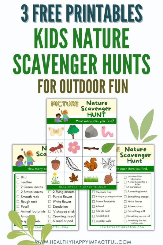 title pin; nature scavenger hunt for kids list and pdf
