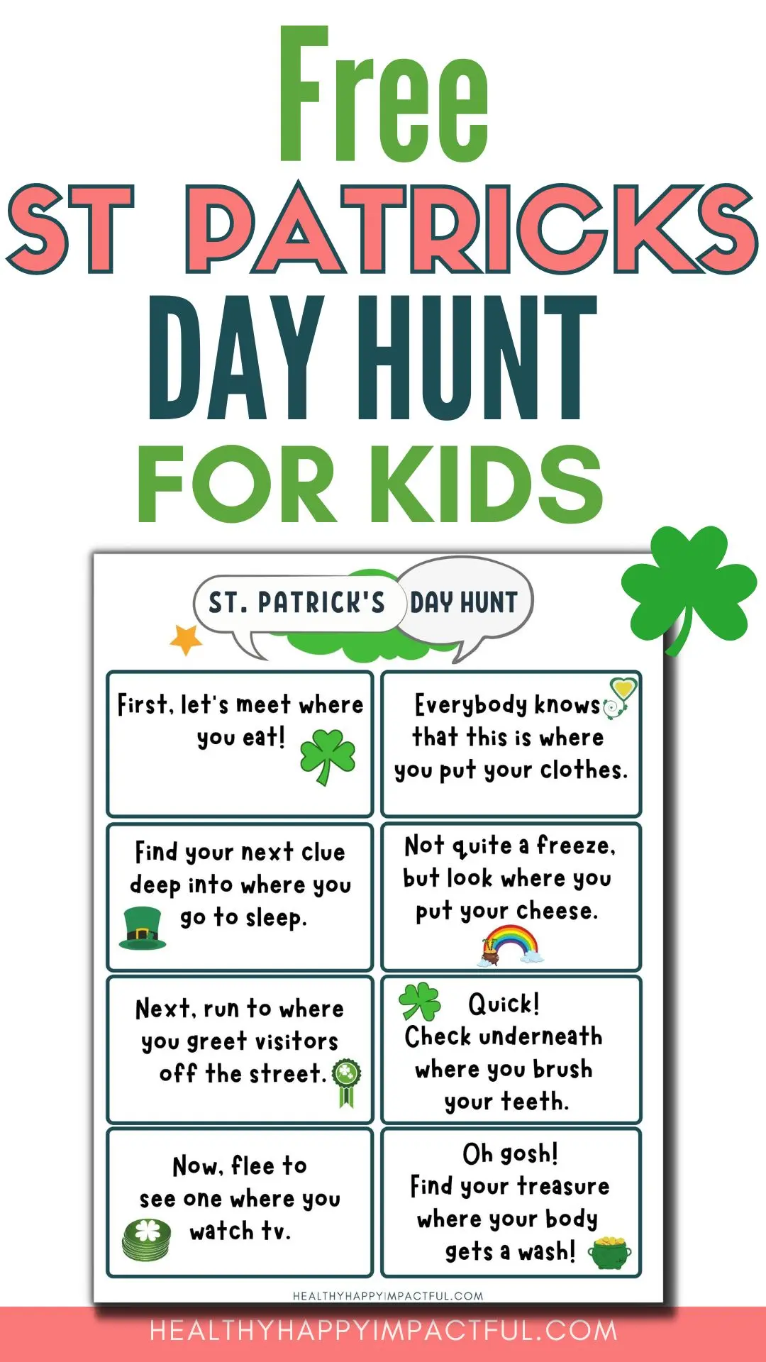 St. Patrick's Day scavenger hunt riddles for kids pin