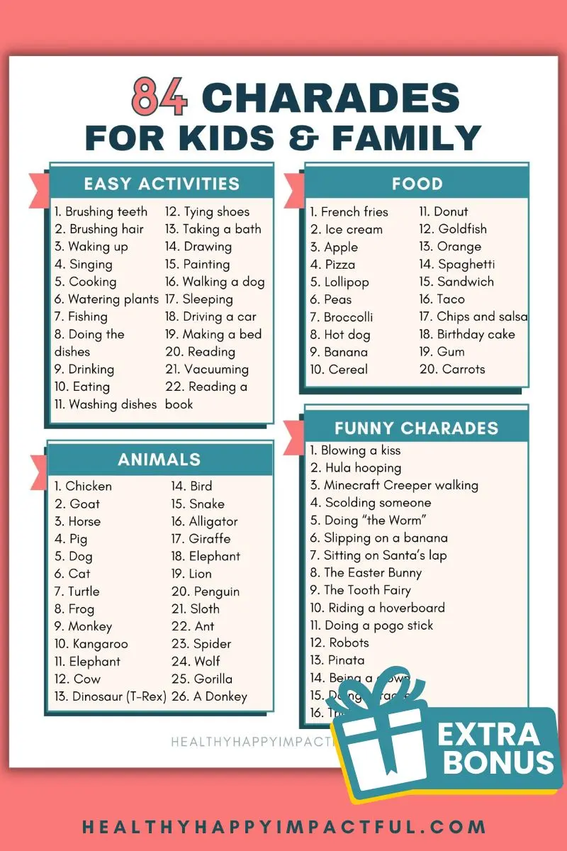 easy and hard charades list for kids game, rules