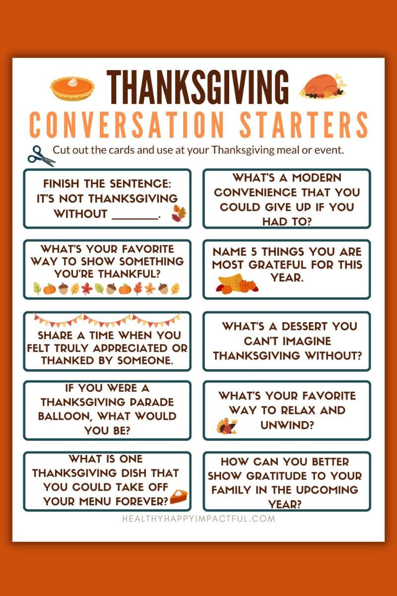 conversation starter cards around the dinner table for Thanksgiving