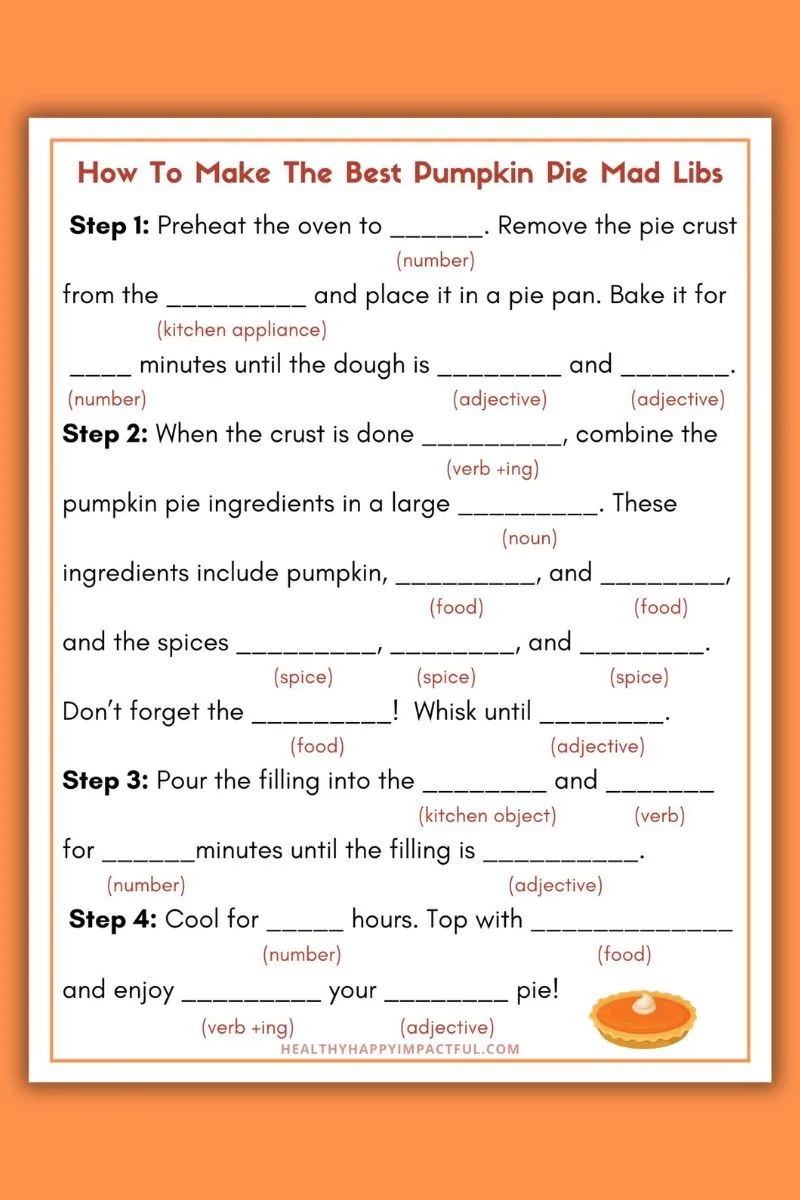 pumpkin pie for Thanksgiving mad libs free printable