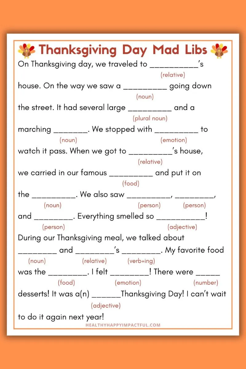 Thanksgiving mad libs for kids; adults; funny; elementary