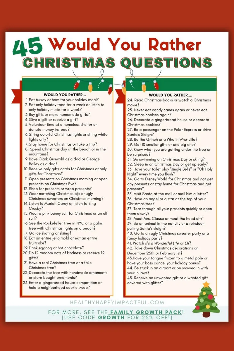 Free printable pdf would you rather Christmas questions