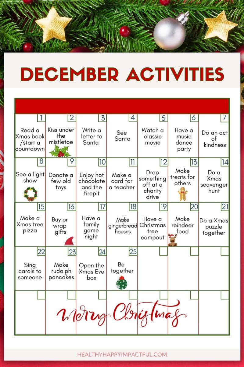 free pdf advent calendar of December activities for kids