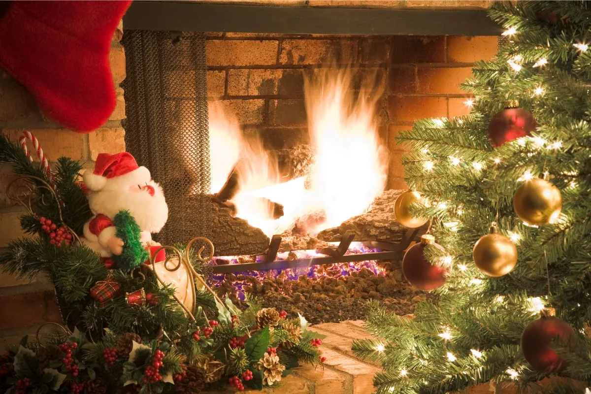 fireplace and holiday tree