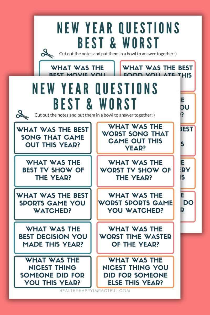 New Years questions best and worst printable cards