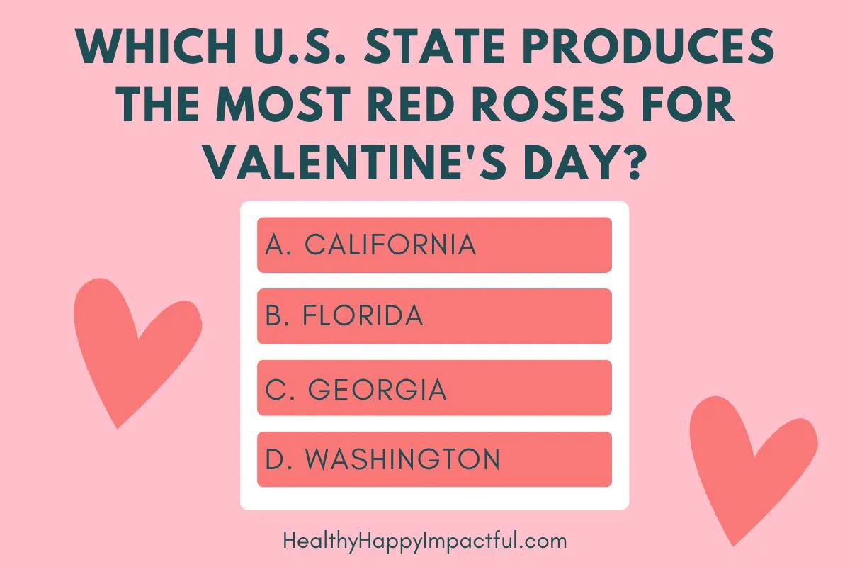 Multiple choice Valentine's Day trivia quiz questions; trivia night; and answers