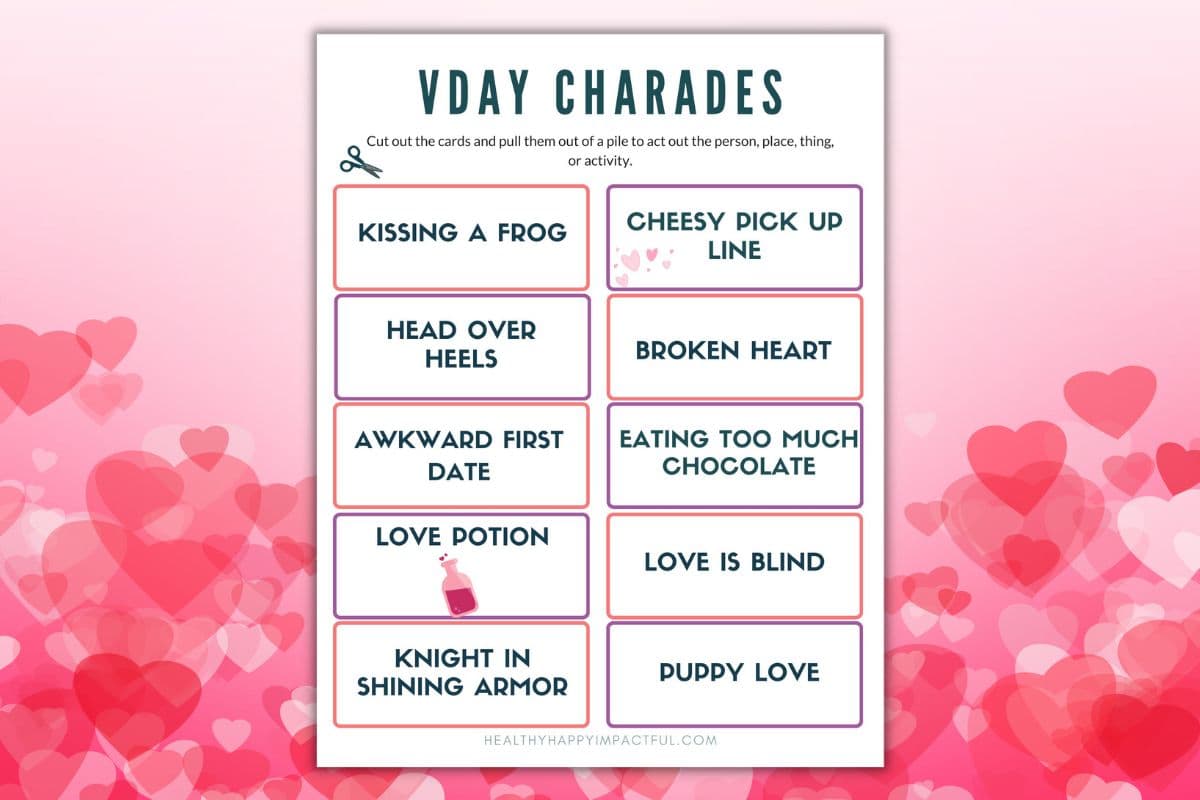 free game printable clues for Valentines day charades