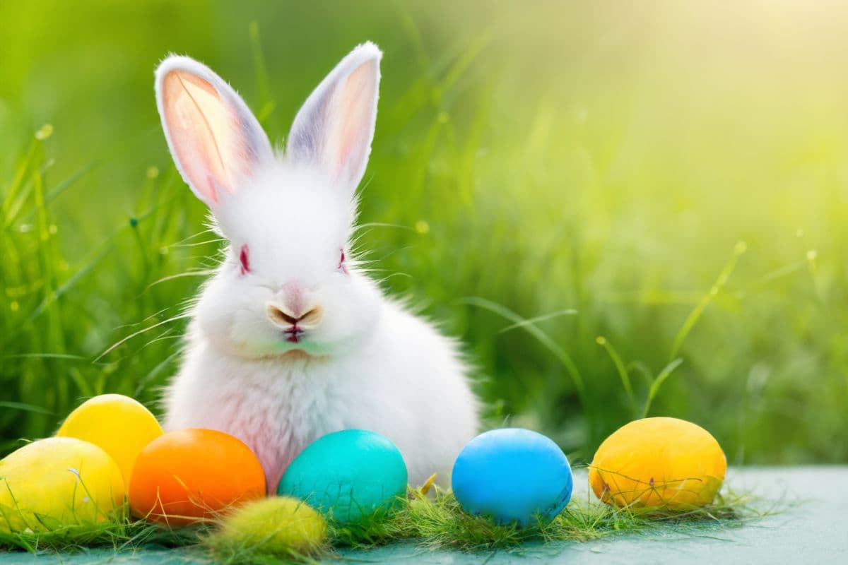 rabbit sitting by easter eggs outside