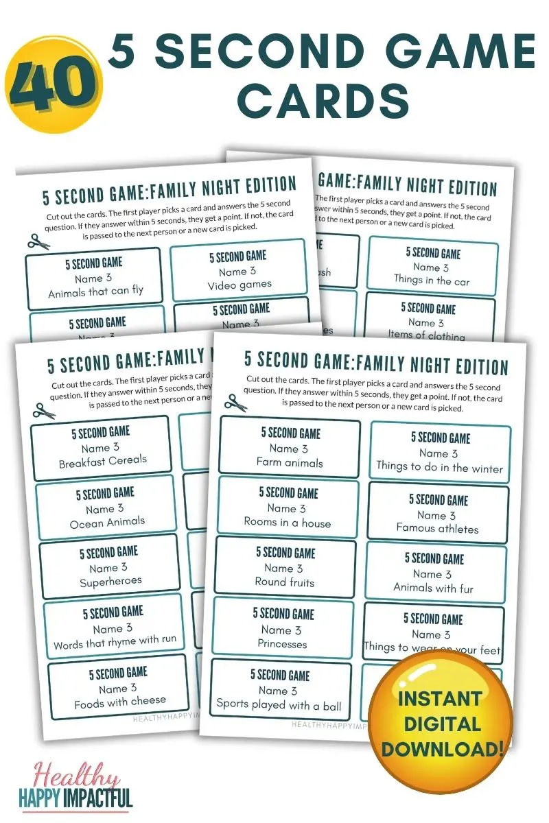 5 second game rule printable pack of cards