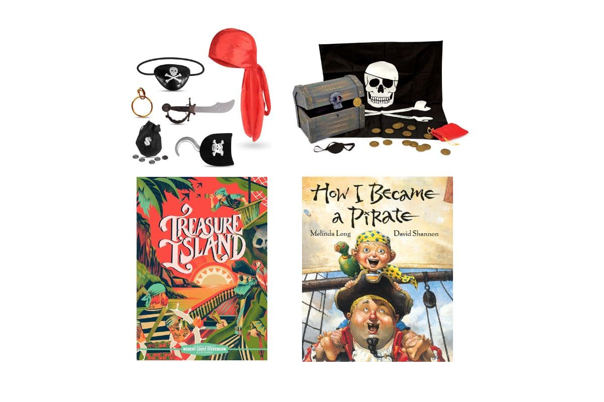 pirate fun; clothes; treasure box; books
