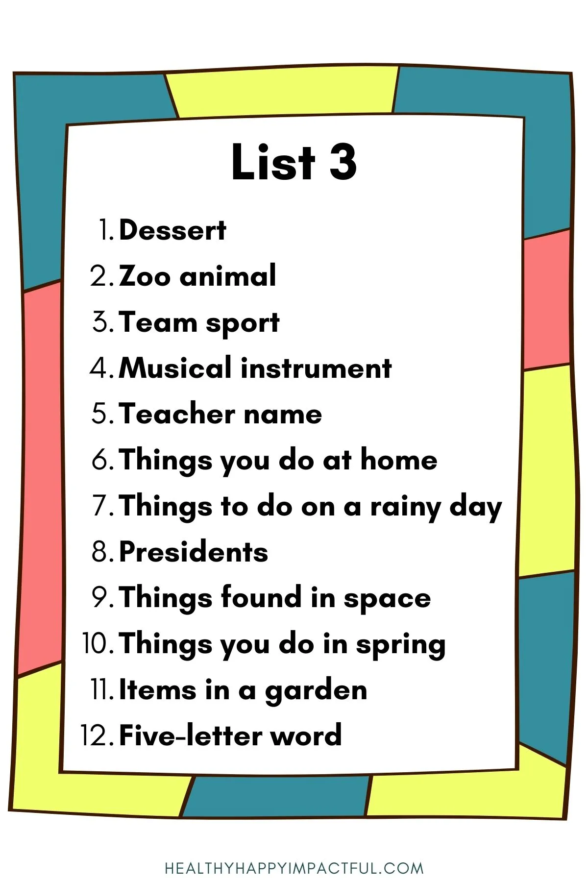 funny Scattergories categories for kids; adults; middle school; board game