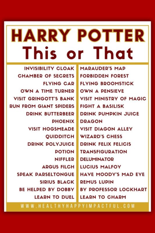 Harry Potter and Hogwarts would you rather questions game printable