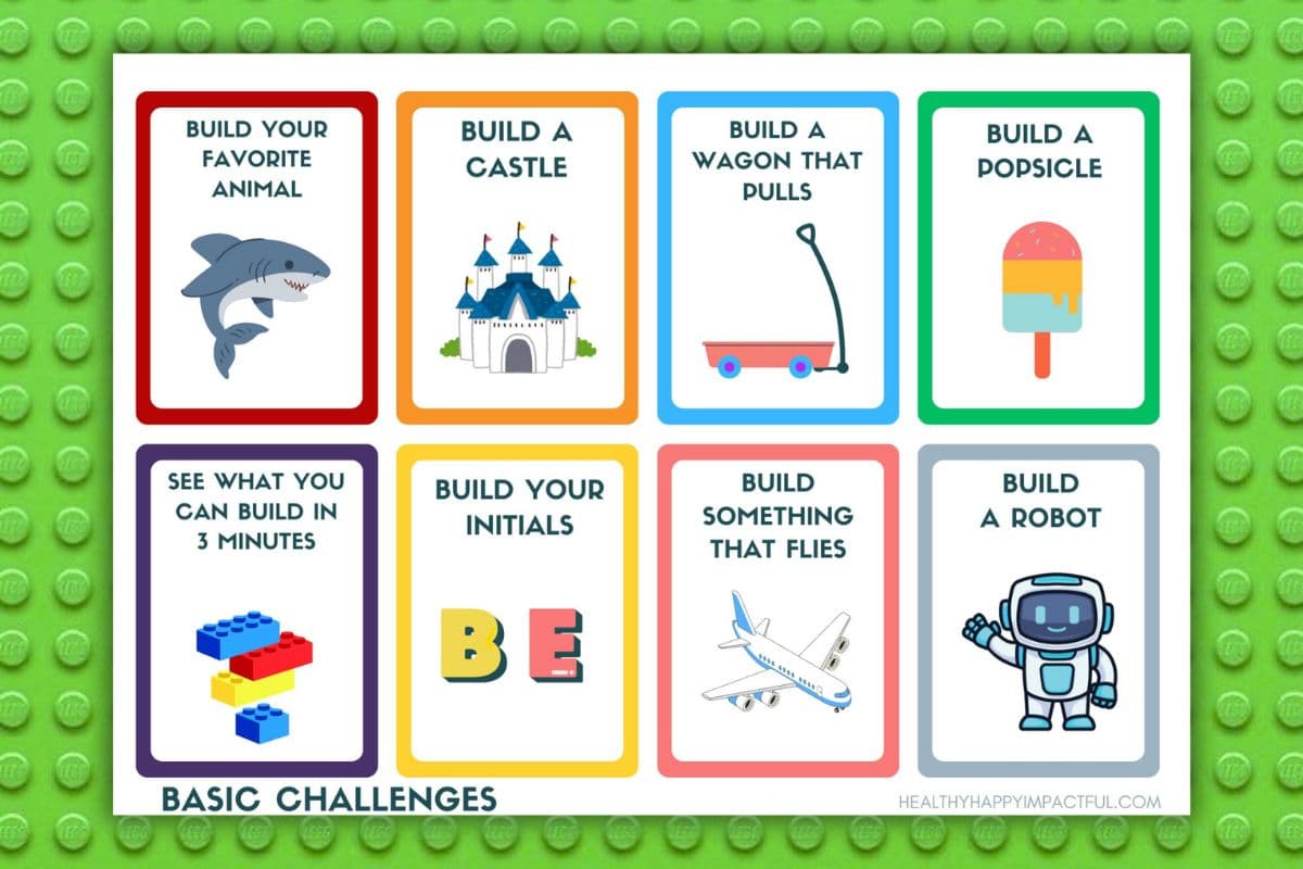 Basic lego challenge cards for toddlers, elementary kids, kindergarten, with pictures