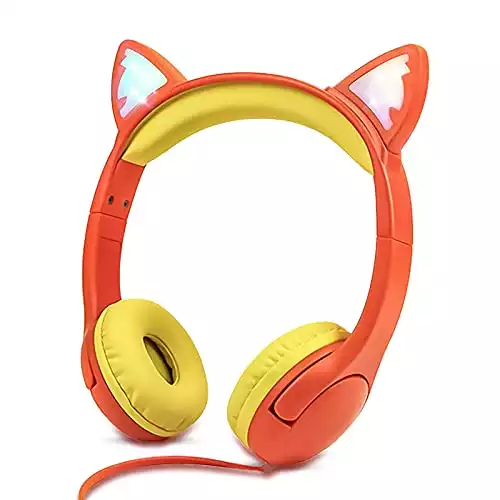 Olyre Kids Headphones Children Girls Boys Teens with LED Light Up, Adjustable On Ear Headphones 3.5mm Jack Compatible School Cellphones Computer MP3/4 Kindle iPad Tablet - Orange/Yellow