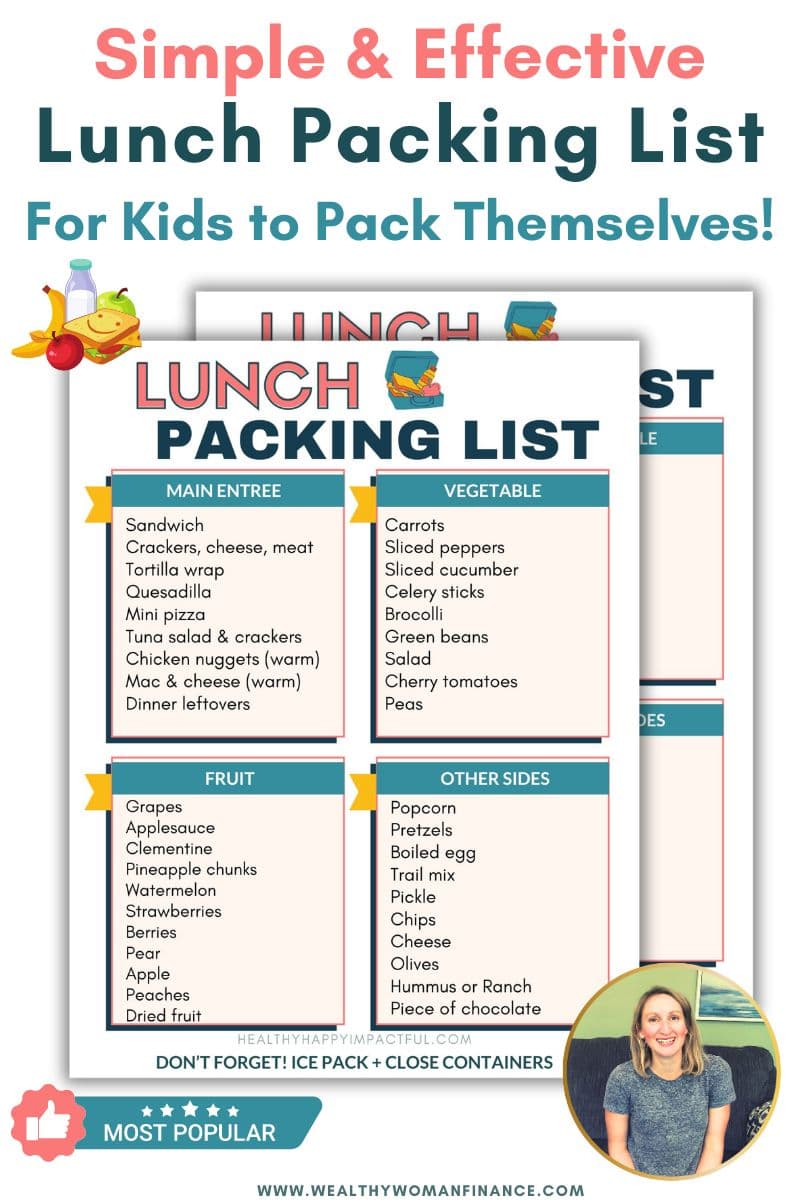 lunch packing list and tips, school lunch box ideas list free printable