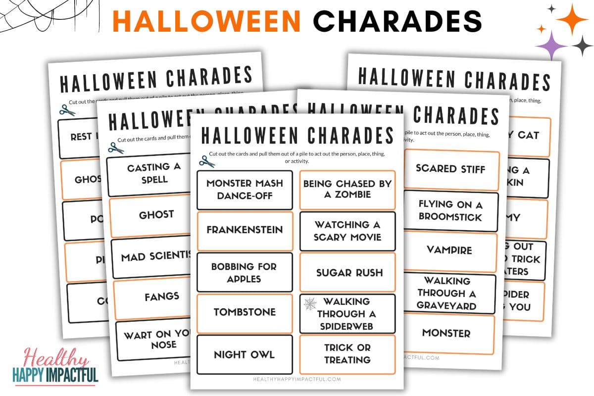 Halloween charades game printable of 50 cards set