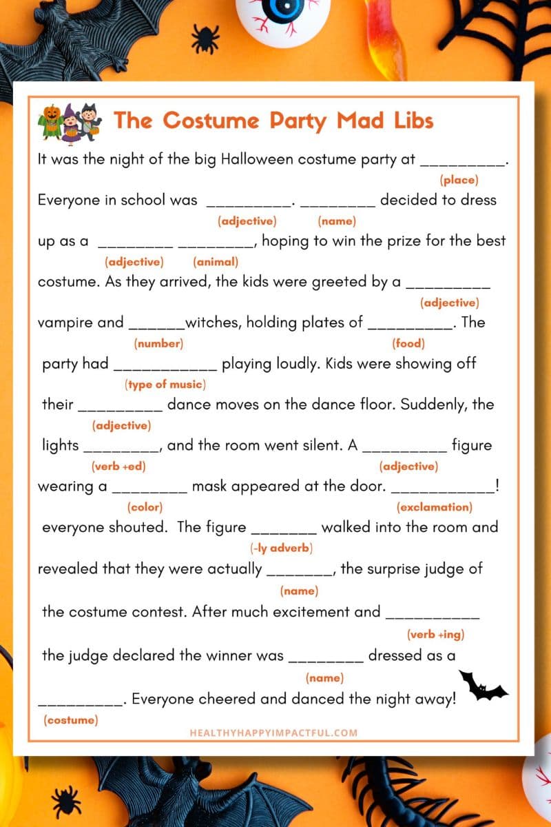 Halloween mad libs free printable themed story; witch; adverb