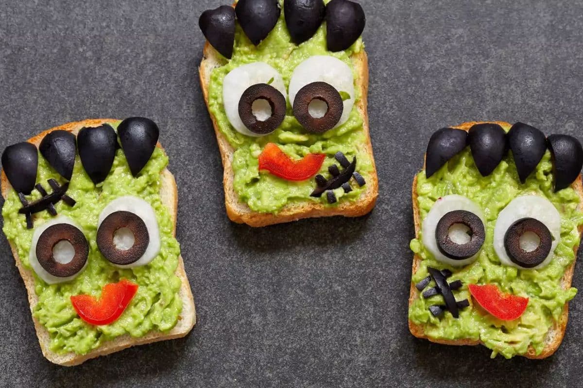 Halloween breakfast food ideas for kids; Frankenstein avocado toast