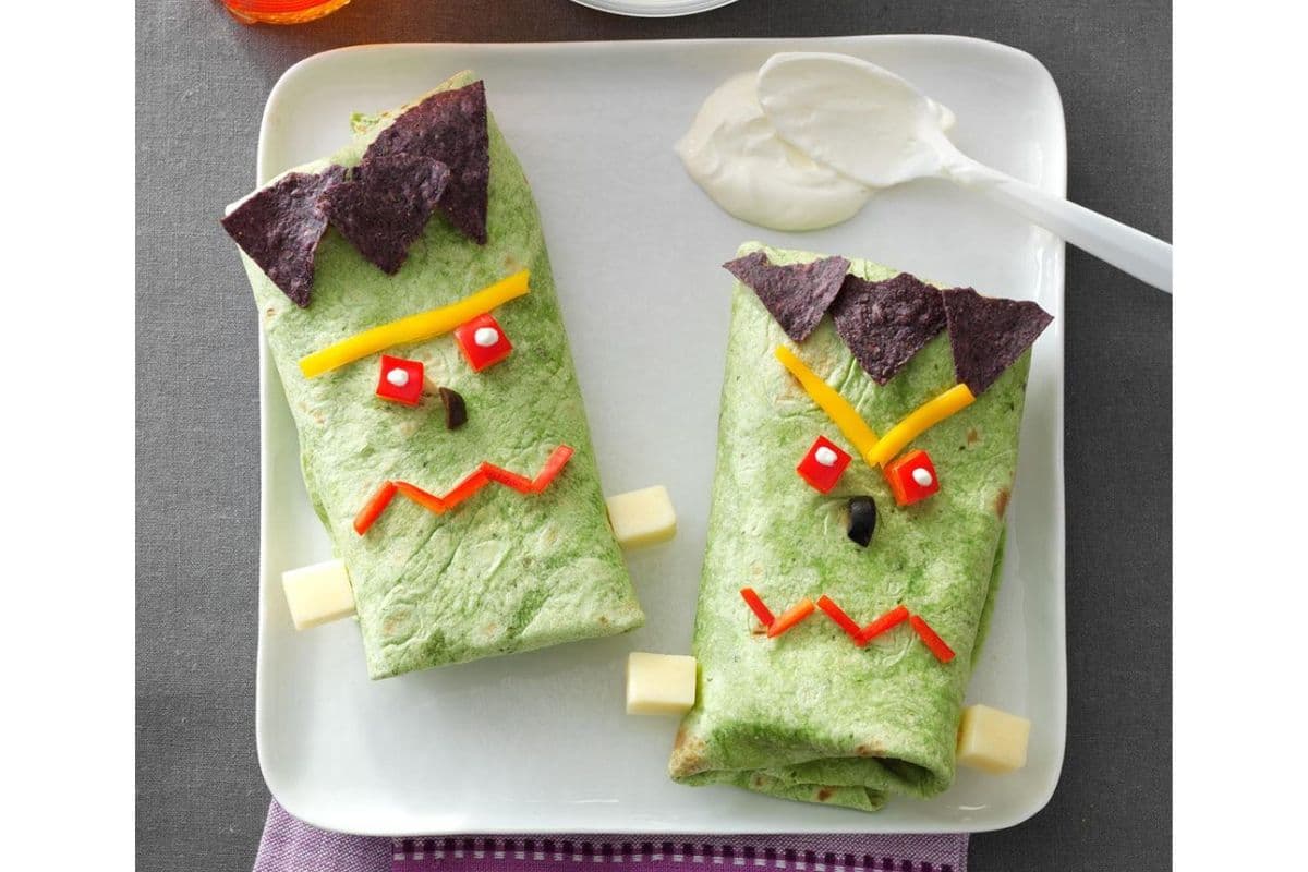 Frankenstein boo-ritos; Halloween lunch recipes for kids