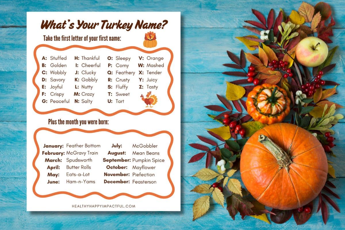 what's your turkey name game; thanksgiving day activities for kids; party