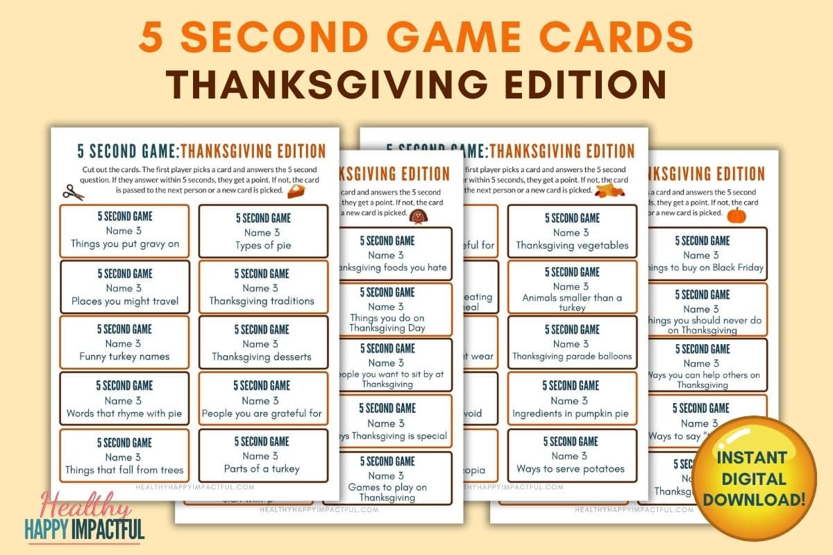 5 second rule game cards; Thanksgiving edition printable