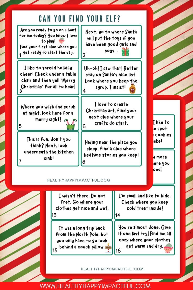 elf on the shelf printable scavenger hunt cards; fun; christmas games; activities