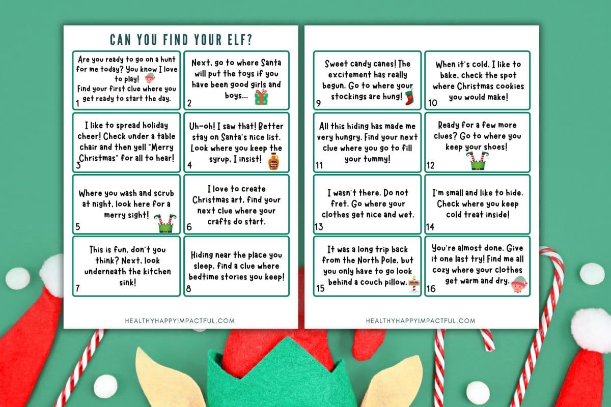 elf on the shelf scavenger hunt free printable cards for indoor fun; christmas treasure