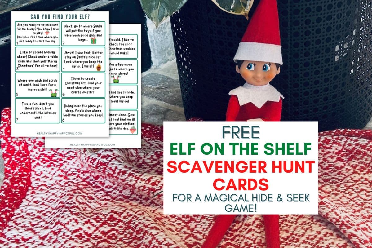 elf on the shelf scavenger hunt free printable; indoor; christmas; hide and seek