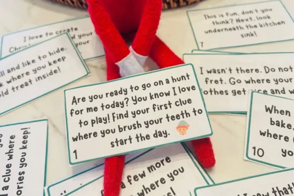 elf on the shelf scavenger hunt free printable; indoor; christmas; hide and seek