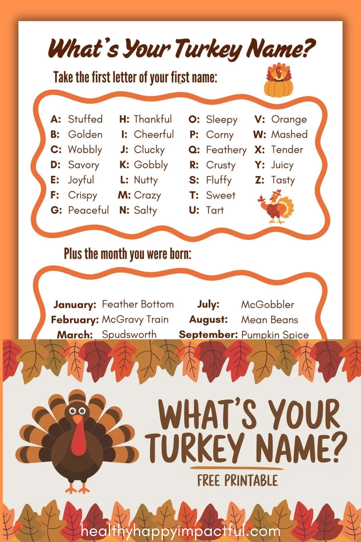 turkey name game free printable for kids; activity;