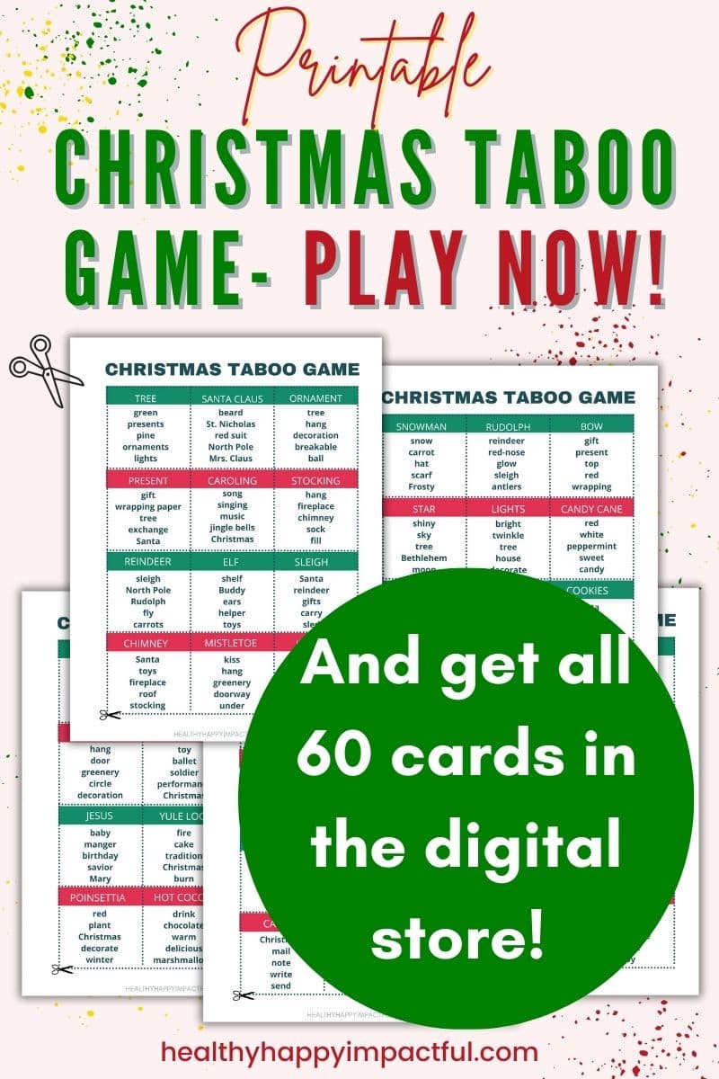 printable Christmas taboo game cards with word lists for kids and adults; holiday