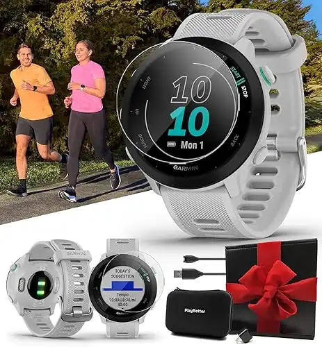 Garmin Forerunner 55 (White) GPS Running Watch | Beginner Heart Rate Monitor Watch with Time, Pace & Speed Tracker | Gift Box Bundle Wall Adapter, Tempered Glass Screens & Case