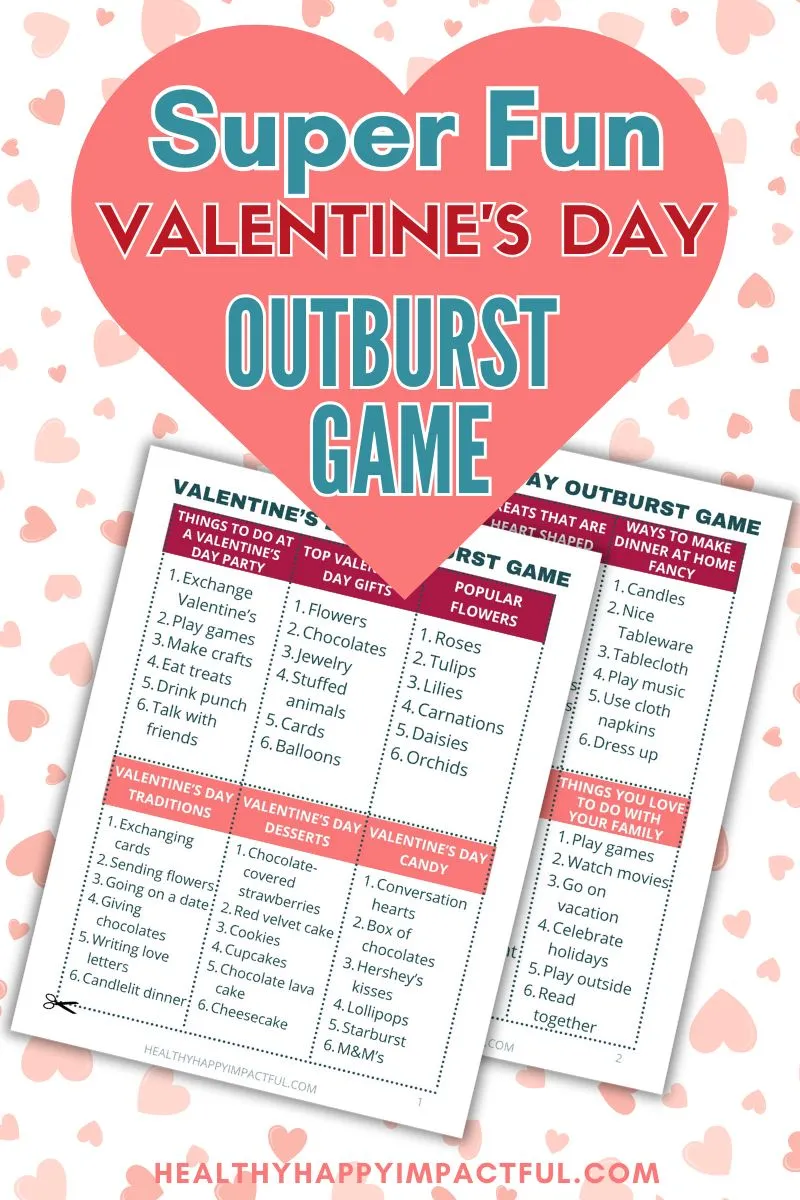 valentine's day outburst game; word lists; printable pdf