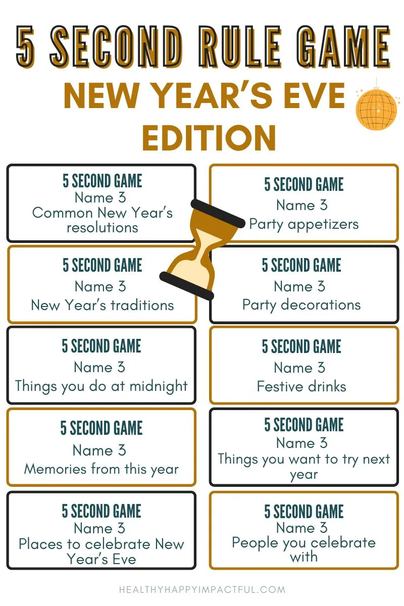 new year's eve 5 second rule game questions cards; printable download