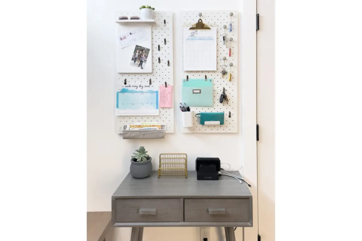 pegboard family command center wall ideas; small space; diy; entryway