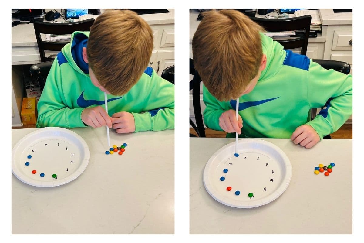 around the clock; put candies on a paper plate clock with a straw