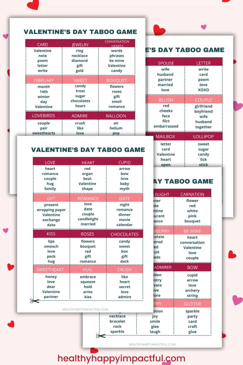 valentines day taboo games to play at parties or at home; family; kids; printable cards