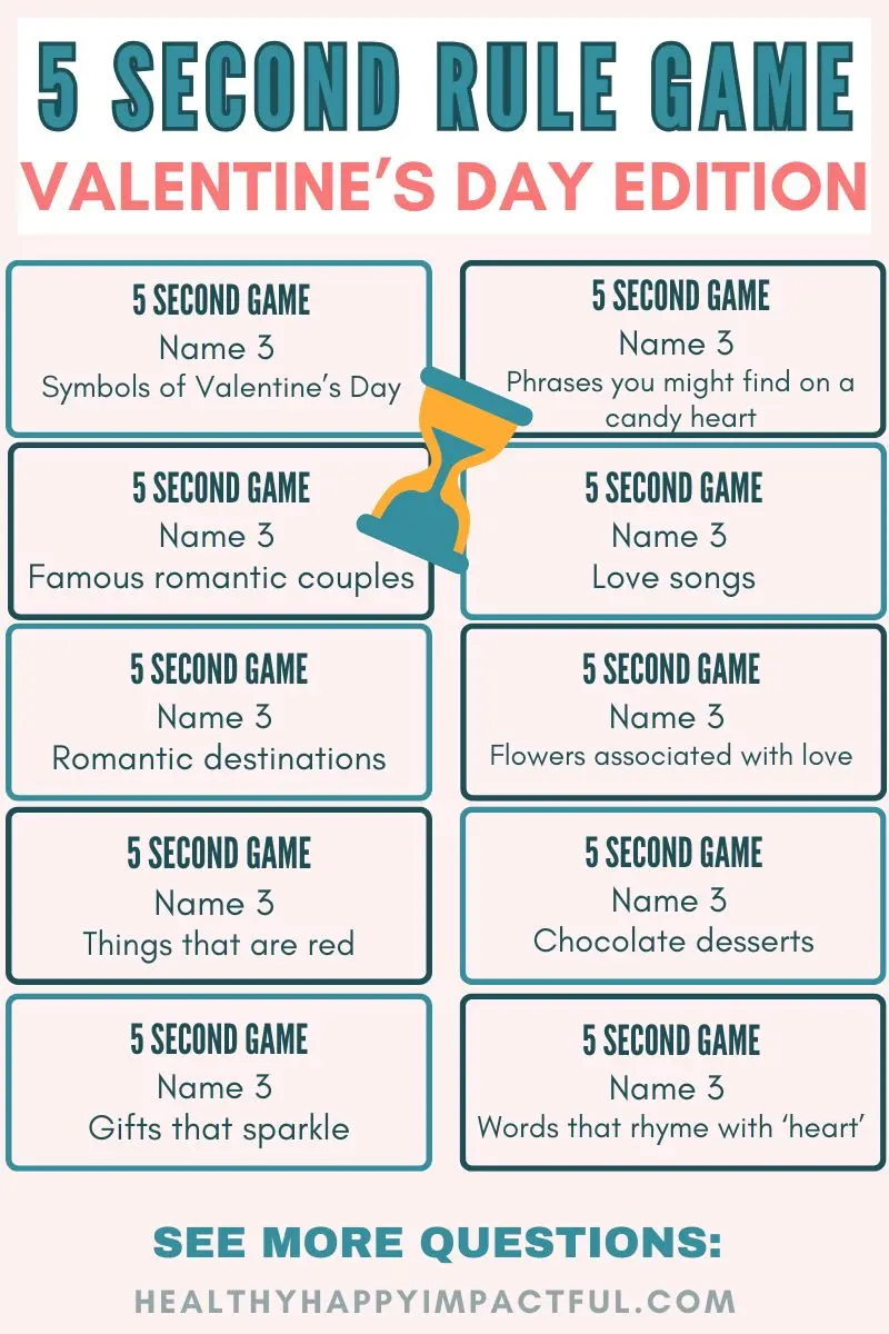 Valentine's Day 5 second rule game questions cards; printable download