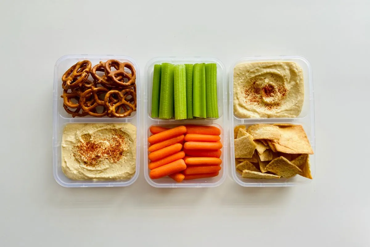 snack tray with veggies and hummus