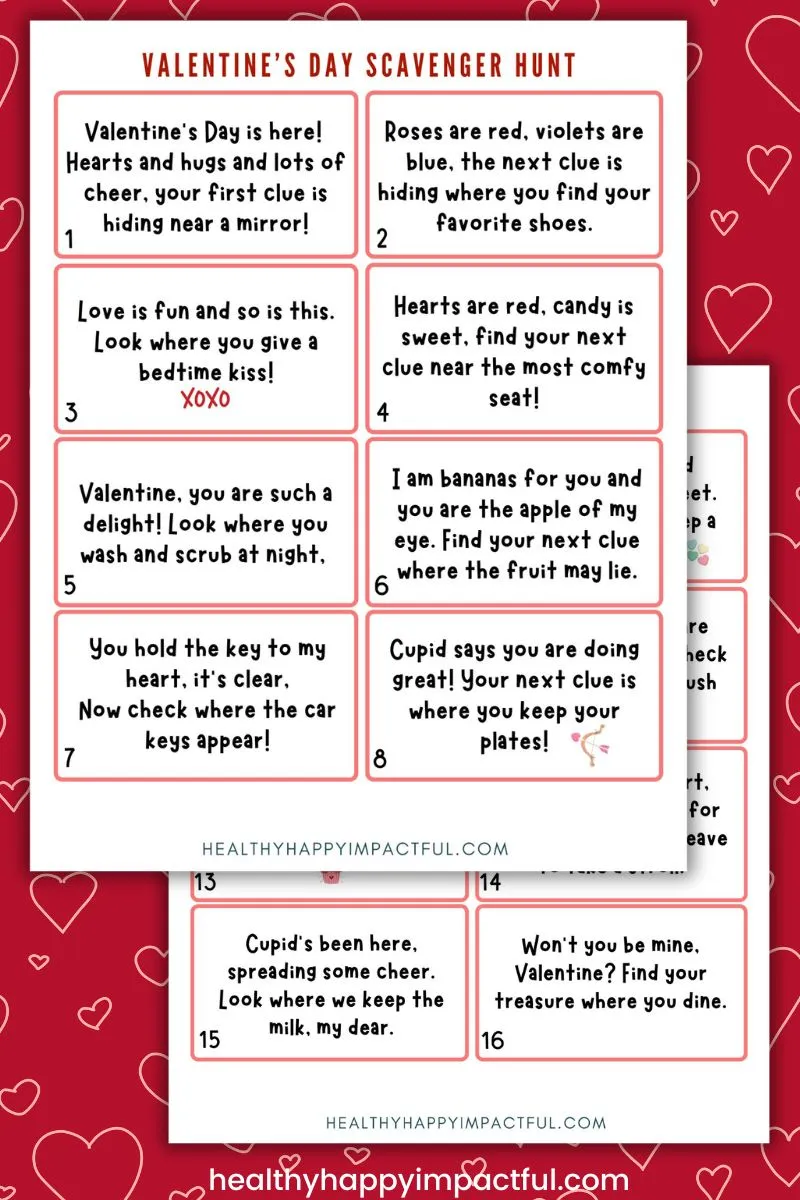 Valentine's day treasure hunt clues; for kindergarten; preschool; free printable pdf