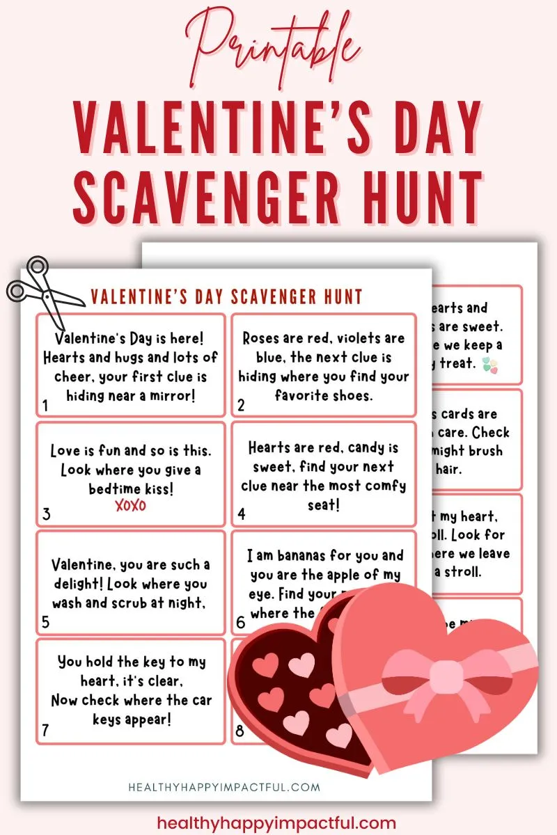 Valentine's Day scavenger hunt clues and riddles; free printable; home; for kids; couples