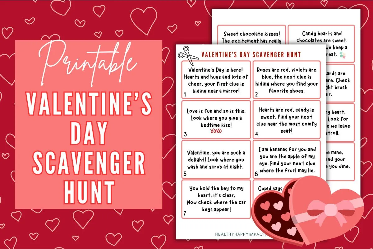 Valentine's Day scavenger hunt printable clue cards for free; kids; couples