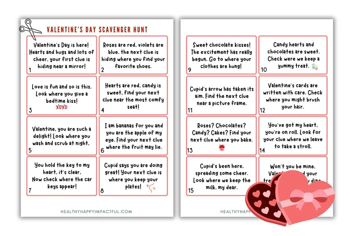 cute Valentine's Day treasure hunt pdf; prizes