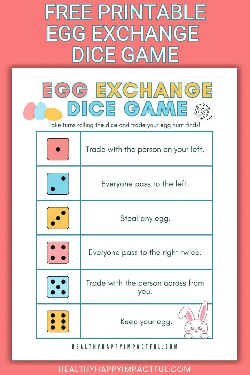 Easter egg dice game exchange activity printable; free; kids; hunt