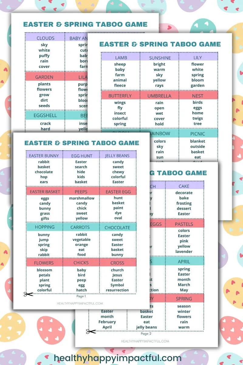 spring taboo games to play at parties or at home; family; kids; printable cards